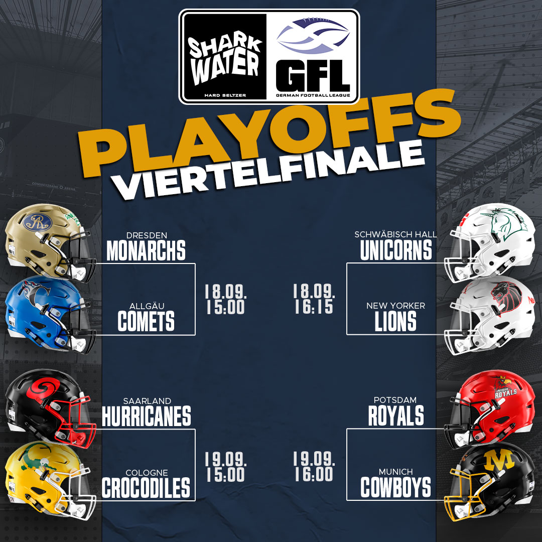 GFLinfo's tweet photo. Viertelfinal-Wochenende in der SharkWater GFL! Hier nochmal die Paarungen und Kickoff-Zeiten in der Übersicht!

#gfl #germanfootballleague #gfl2021 #sharkwatergfl https://t.co/giCld0FwqM