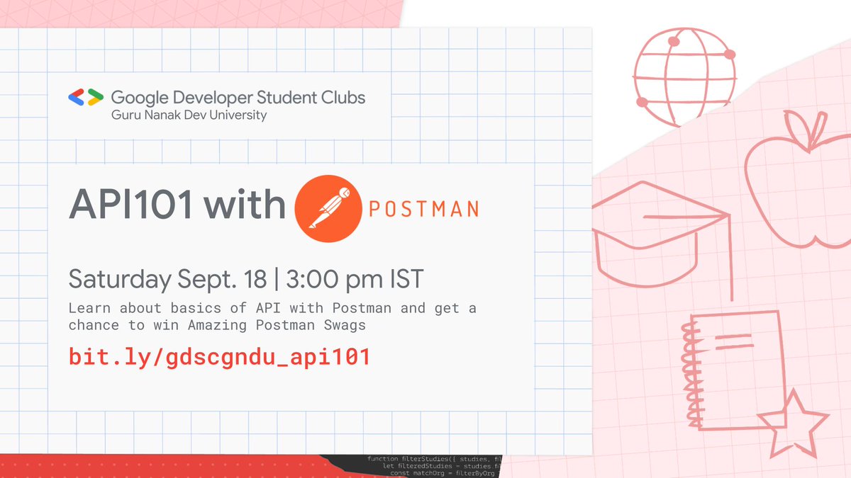 GDSC GNDU in collaboration with Postman Student Experts brings an interactive session “API 101 with Postman” to make you understand the concepts of APIs in a super fun way!
Register: bit.ly/gdscgndu_api101
Complete an easy-peasy task and get a chance to win amazing Postman Swags