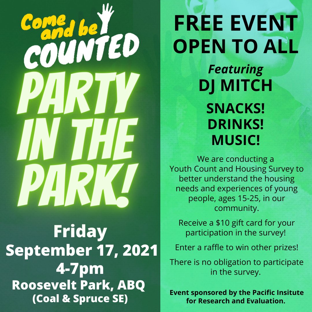 NMyouthcount's tweet photo. TODAY is the day! Come Out and Be Counted at our Party in the Park, from 4-7pm at Roosevelt Park in #Abq! Get a $10 gift card for participating in our survey about youth (ages 15-25) housing needs and experiences :) Can't wait to see you there! https://t.co/WPvCjxK7Jv