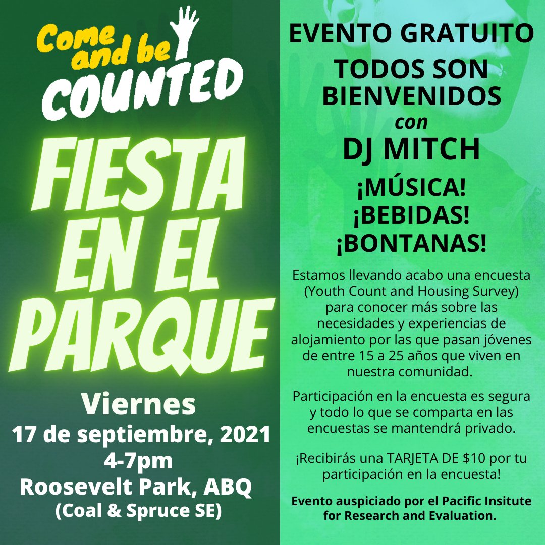 NMyouthcount's tweet photo. TODAY is the day! Come Out and Be Counted at our Party in the Park, from 4-7pm at Roosevelt Park in #Abq! Get a $10 gift card for participating in our survey about youth (ages 15-25) housing needs and experiences :) Can't wait to see you there! https://t.co/WPvCjxK7Jv