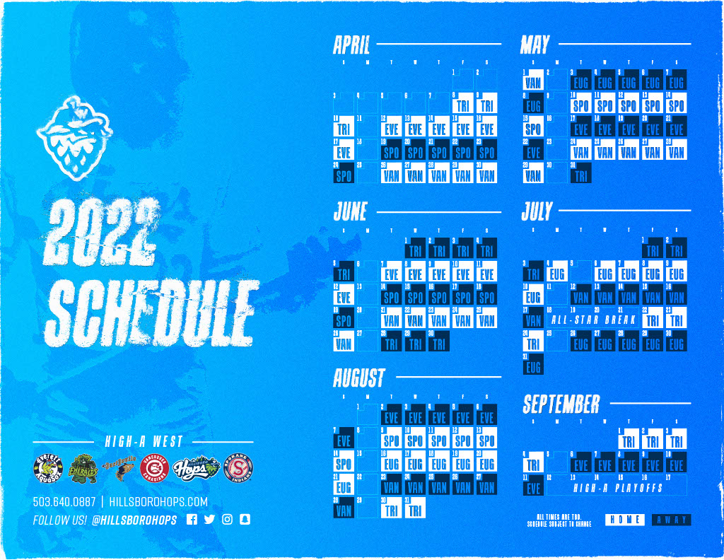 HillsboroHops's tweet photo. The time has come! Please say hello to our 2022 schedule! Our first home game is April 8th, so mark your calendars.

 We better see you here.
https://t.co/4L2iyM9TUG https://t.co/g6dNMlSwHE