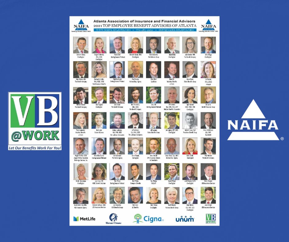benefitsatwork's tweet photo. What an honor! Our very own Brian &amp; Tonya made the NAIFA Atlanta list of top Employee Benefit Advisors again for 2021! #VoluntaryBenefitsAtWork #NAIFA https://t.co/6opFEUDPSe https://t.co/4EuBlTaeWU