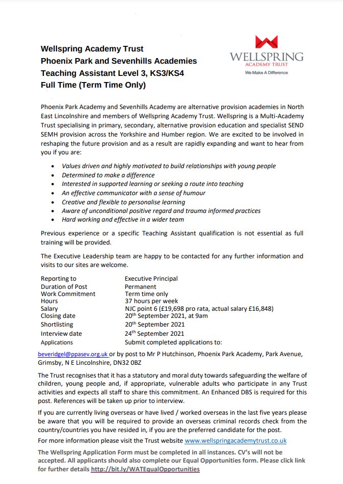 An exciting opportunity has arisen within our Academies for a Teaching Assistant. Please follow the link for further details: <a href="/PhoenixPark_/">Phoenix Park Academy</a> <a href="/Sevenhills___/">Sevenhills Academy</a> <a href="/WellspringAT/">Wellspring Academy Trust</a> 

phoenixparkacademy.co.uk/teaching-assis…