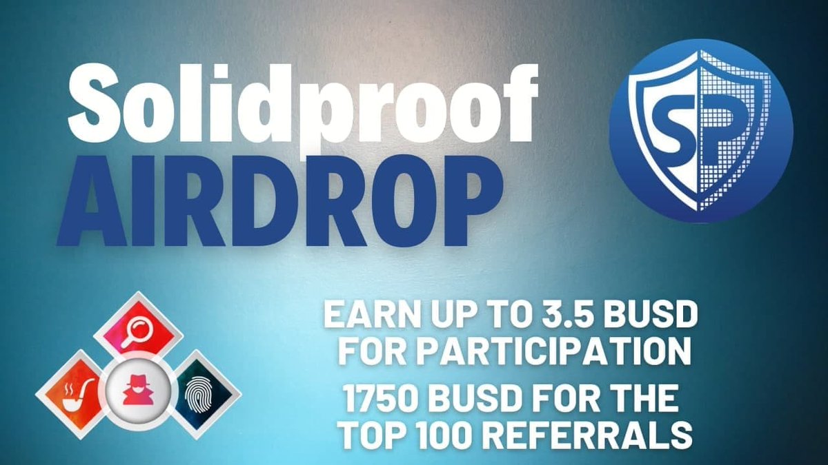 🔍 New #Airdrop: Solidproof

💲 Reward: Up to 3.5 BUSD + 1750 BUSD referral pool

🔴 Start the airdrop bot: t.me/SolidproofAird…

🔘 Do the tasks on the bot &amp; submit your data.

🔘 Details: youtu.be/mRaeQ8at0jU

#Airdrops #AirdropDetective #BNB #BSC #Bitcoin #Solidproof