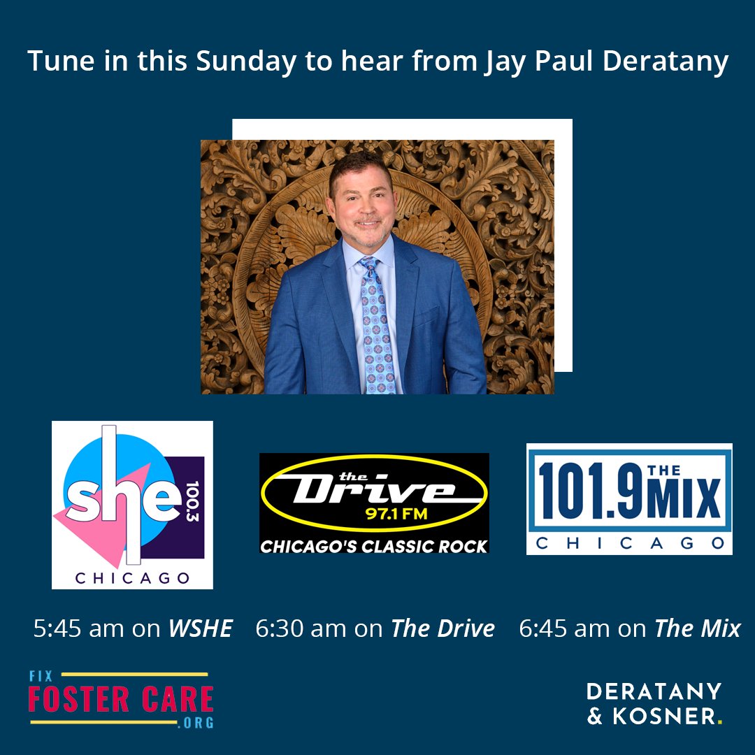 📢Please tune in Sunday morning to hear from Jay Paul <a href="/deratany/">Jay Paul Deratany</a> attorney &amp; activist on @wshechicago <a href="/971TheDrive/">97.1 The Drive</a> and <a href="/1019MIXChicago/">101.9 THE MIX Chicago</a>. He will be discussing how we can #fixfostercare system. 
To learn more ➡️ fixfostercare.org