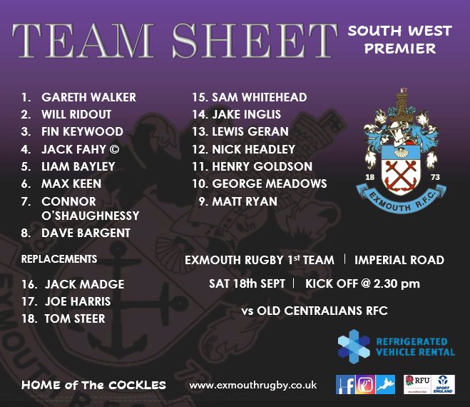 ExmouthRFC's tweet image. 📣TEAM ~ At Our Place🏝 @OldCents look forward to meeting you all #cockles💜 @swsportsnews