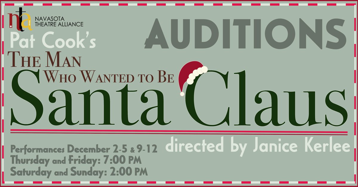 NTAonstage's tweet photo. We are holding Auditions for "The Man Who Wanted to be Santa Claus" Monday, September 20, and Tuesday, September 21 at 6:30pm. Cast includes a young girl and men and women from late teens - seniors. Email navasotatheatrealliance@gmail.com for more information.
#NTAonstage https://t.co/AaBWx3ugsL