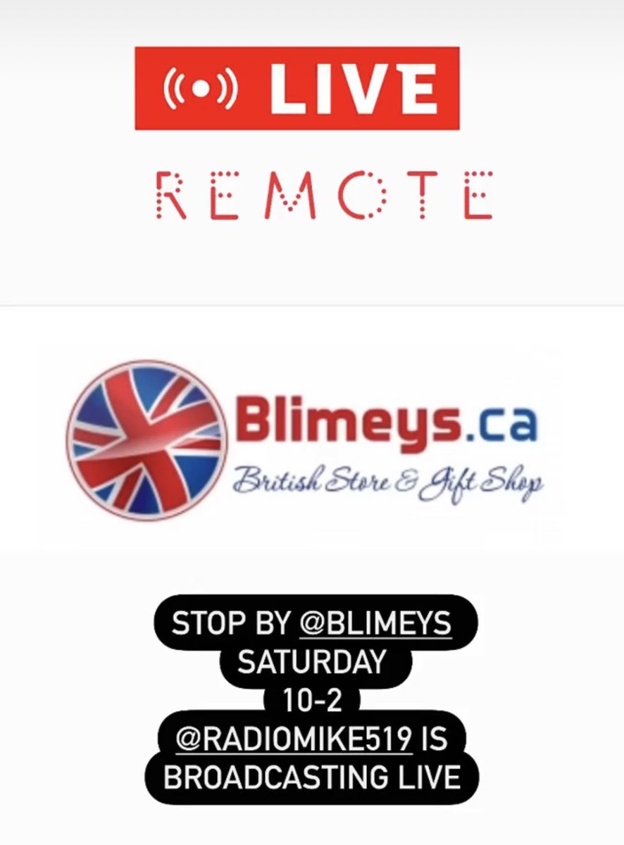 Stop by <a href="/Blimeyshop/">Blimeys</a> Saturday from 10a-2pm. <a href="/radiomike519/">Mike Kakuk</a> will be broadcasting LIVE! <a href="/am800cklw/">AM800 CKLW</a> 
Check out their new <a href="/EssexON/">Town of Essex</a> location~ #regrandopening