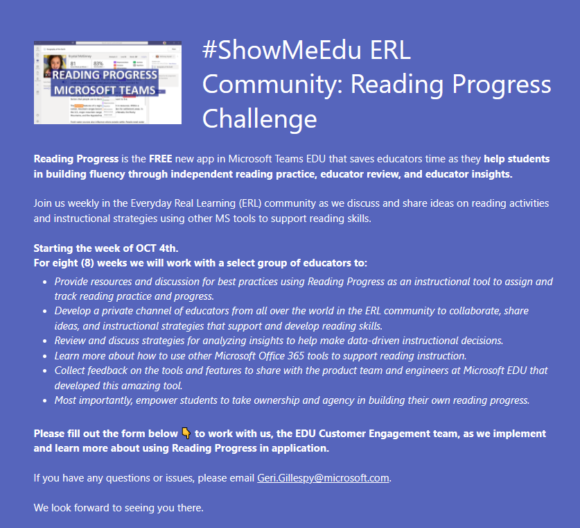mtholfsen's tweet photo. We are kicking off the "Reading Progress challenge" on Oct 4th! Go deeper on using this new tool, analyzing data, product feedback, &amp; working w/ our team. Sign up below 👇 

Form: https://t.co/OJ9f66UDE2

#edtech #MicrosoftTeams #MIEExpert #MicrosoftEDU https://t.co/QTITpVQL9n