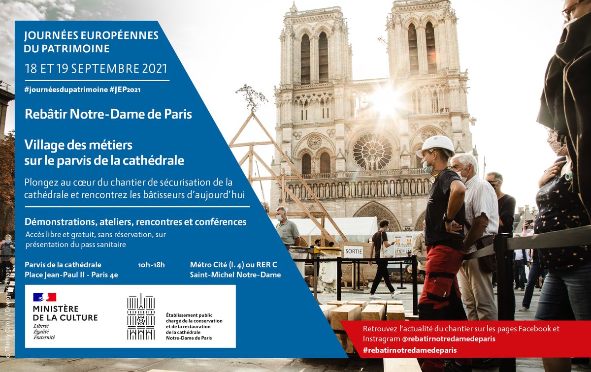 Pour les <a href="/JEP/">Journéesdupatrimoine</a>  j'ai  l'honneur d'animer les conférences du village des métiers qui œuvrent pour <a href="/rebatirNDP/">Rebâtir Notre-Dame de Paris</a>. Rendez-vous demain et dimanche de 10h à 18h sur le parvis de la cathédrale pour plonger au cœur d'un chantier hors-norme !