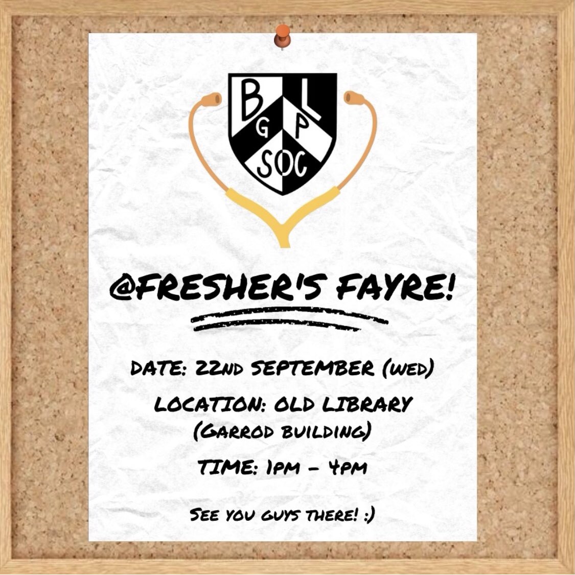 Hey guys!! We will be at the Fresher’s Fayre next week! Come join us to learn more about the society and meet our lovely committee! 😝

🩺Date: 22nd September (Wed)
🩺Time: 1pm - 4pm
🩺Location: Old Library (Garrod building)

We can’t wait to see you all there! 🥰