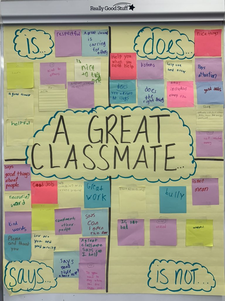 mrspatinoPOB's tweet photo. We discussed what a great classmate is, does, says, and is not. Zoom in to see what this crew came up with! @mrsclampittPOB @mrsyohePOB @ParkwayPOB @POBSchools @PobWell https://t.co/dIMLlVbrsA
