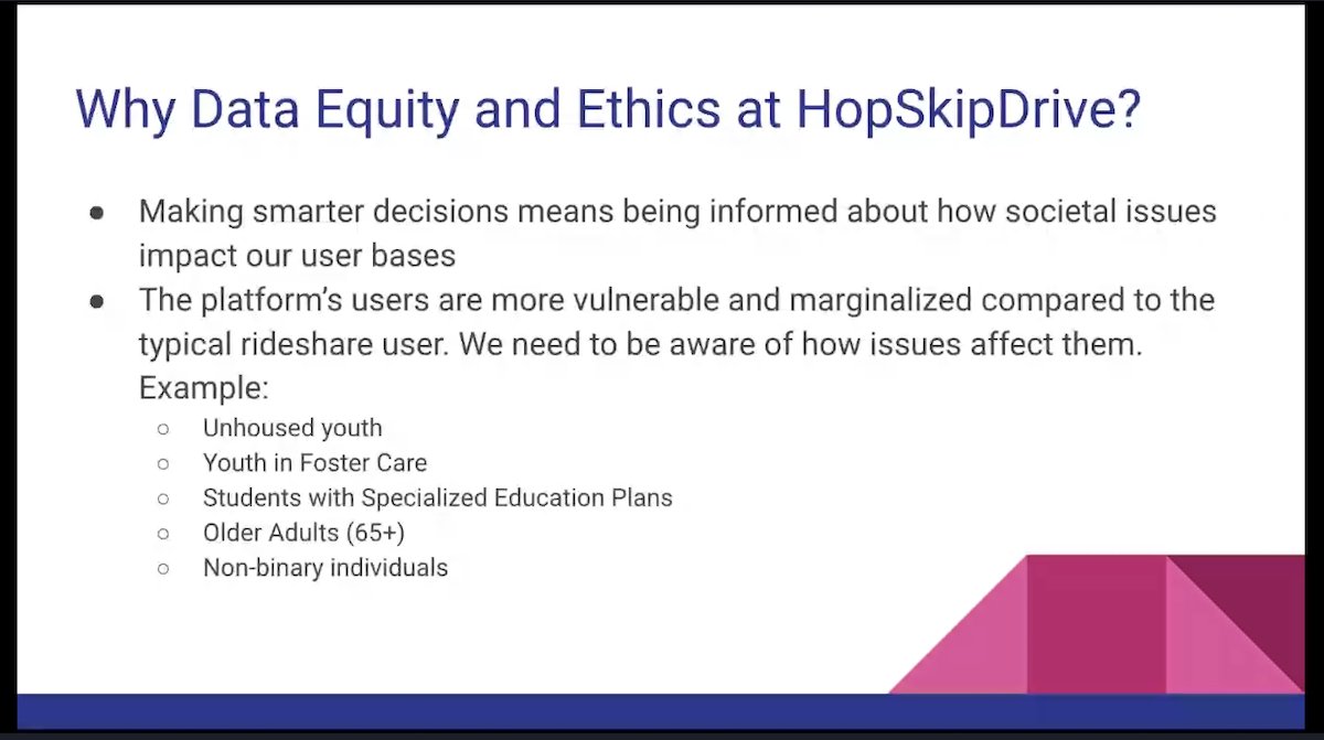 Slide from the Data Equity and Ethics session titled 'Why Data Equity and Ethics at HopSkipDrive?'