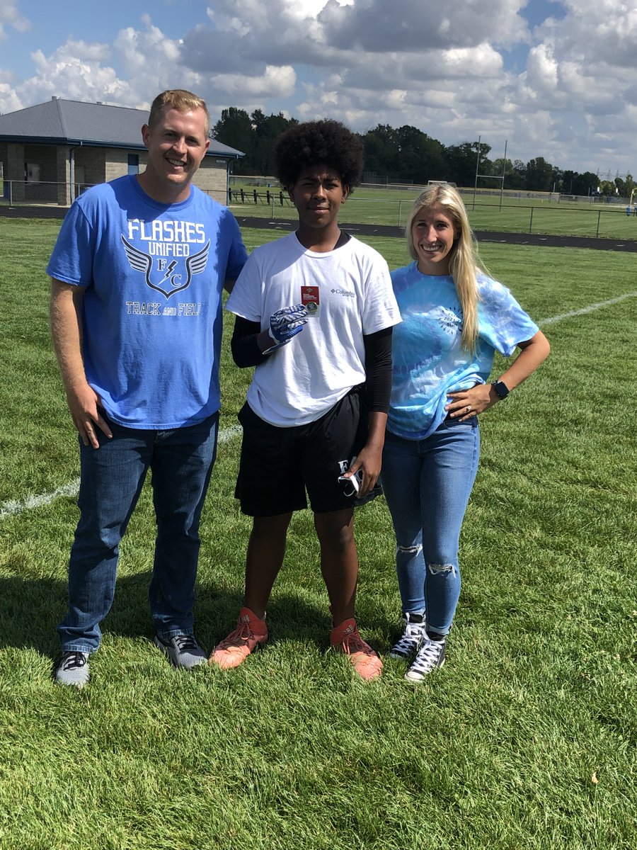 FCFlashes's tweet photo. Unified Football's Jacob Graham, shown here with coaches Godsey and Bruner, is presented an IHSAA Sportsmanship pin.  He was praised by an official for his supportive behavior of the Lawrence Central players in their first game this week.  ⚡️ #WeAreFlashes @FTCSC @FCHSPrincipal https://t.co/jD8e0jywuF