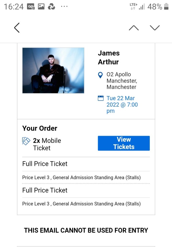 jue07's tweet photo. @JamesArthur23 Hi James. So excited to now have got two tickets so will be bringing my 14 year old daughter to see you this time. I think this is my 4th or 5th time seeing u. Im losing count. So excited. https://t.co/tpPMUeLnpZ
