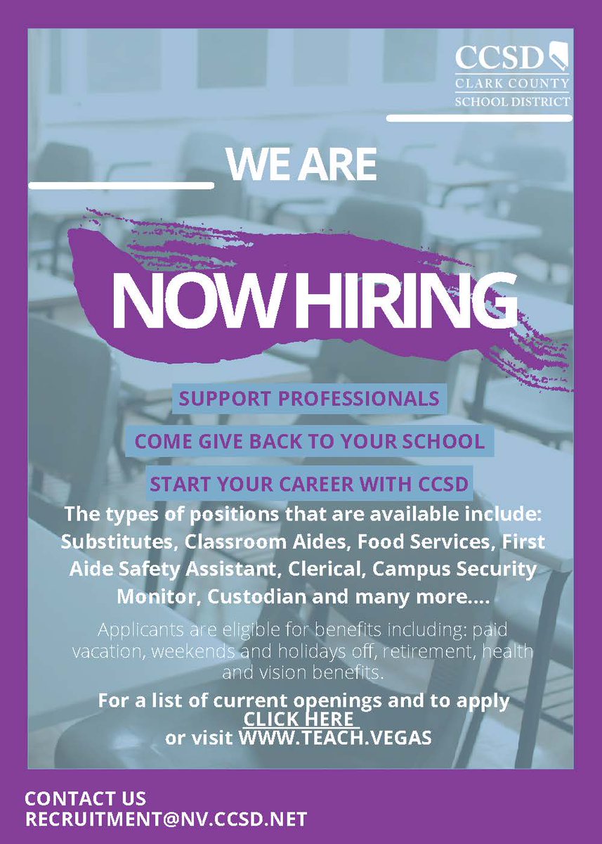 CCSD (@clarkcountysch) on Twitter photo CCSD is hiring for a number of vacant positions. Applicants are eligible for benefits including: paid vacation, weekends and holidays off, retirement, health and vision benefits. Contact <a href="/CCSD_HR/">CCSD Human Resources</a> by calling 702-799-5427 or visit teach.vegas. CCSD is hiring for a number of vacant positions. Applicants are eligible for benefits including: paid vacation, weekends and holidays off, retirement, health and vision benefits. Contact <a href="/CCSD_HR/">CCSD Human Resources</a> by calling 702-799-5427 or visit teach.vegas.