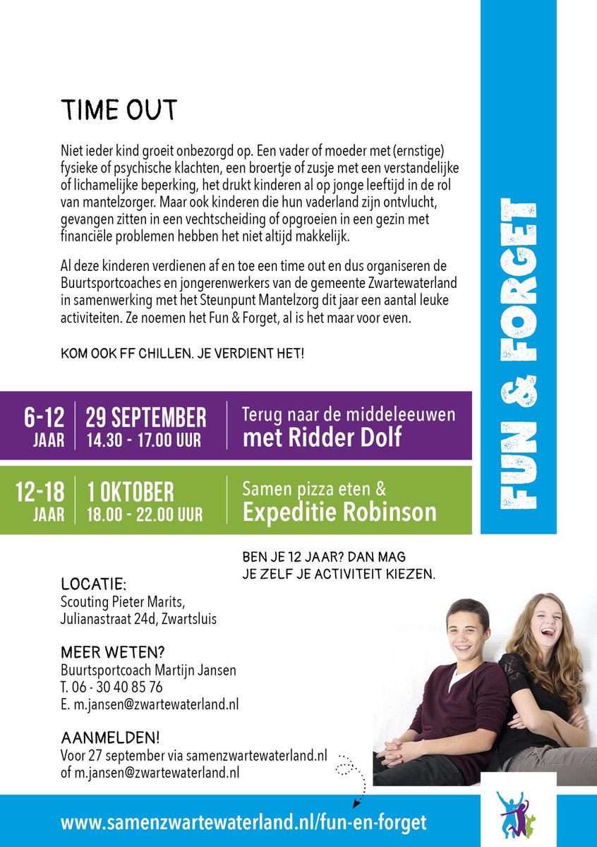 Voor kinderen die om verschillende redenen soms onbewust op een 2e plek terecht komen (o.a. jonge mantelzorgers) organiseren wij Fun &amp; Forget. 

Ben jij of ken jij iemand, wees vrij om diegene over Fun &amp; Forget te vertellen😊👍🏼