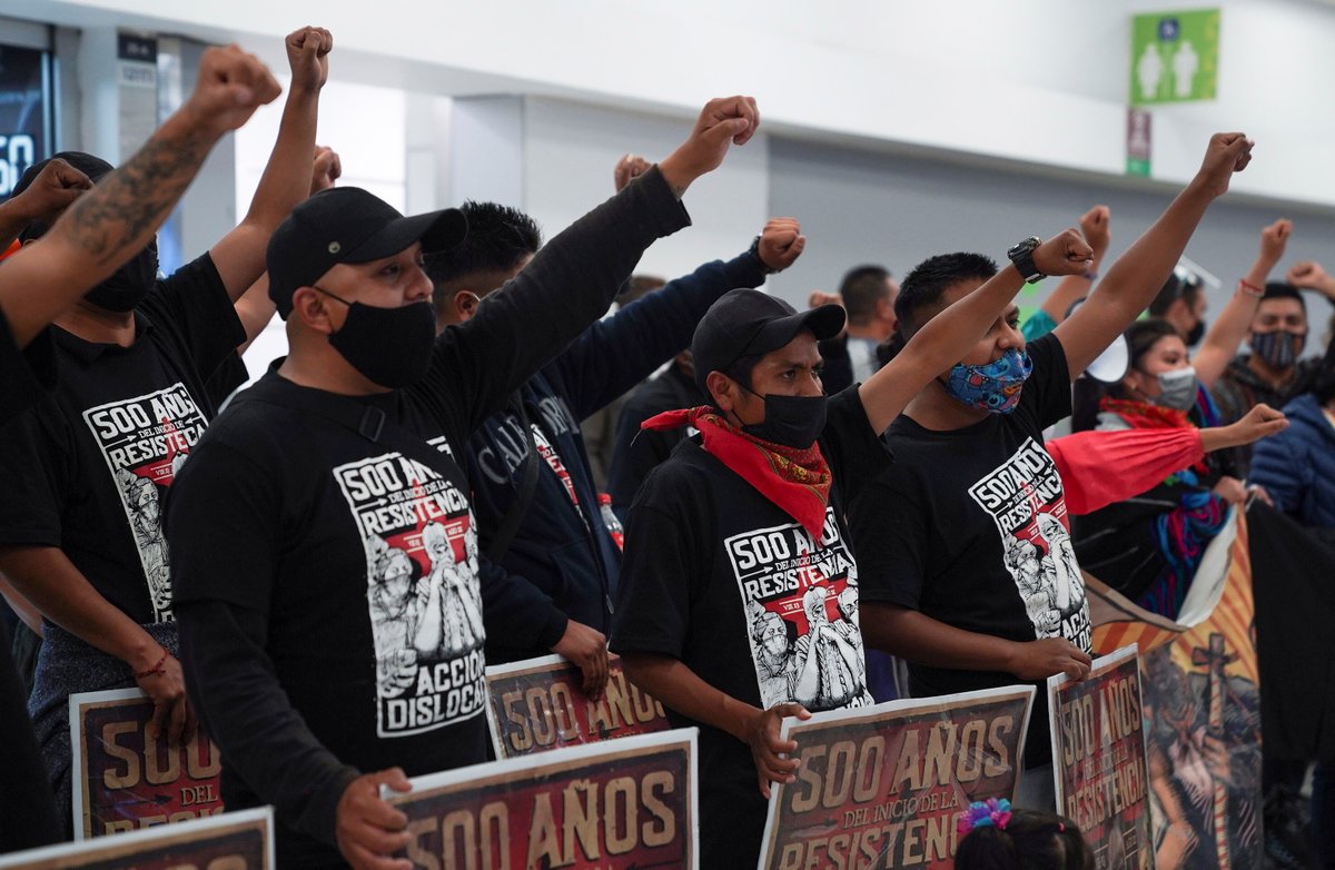 Members of Escuadrón 421 of the Zapatista National Liberation Army (EZLN) arrived in #MexicoCity after their legendary "Journey For Life" marking 500 years of the #Spanish Conquest. The delegation traveled for a month by boat to #Europe and toured four countries in three months.