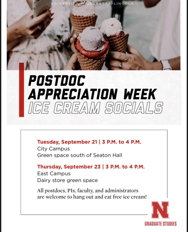 UNLpda's tweet image. 📣 @UNLincoln #postdoc 
Ice cream socials next week: 
Postdoc Appreciation Week 🍦

All postdocs, PI, faculty and administrators are welcome.

RSVP —&amp;gt; go.unl.edu/postdocappreci…

Thanks @UNLGradStudies for sponsoring !!