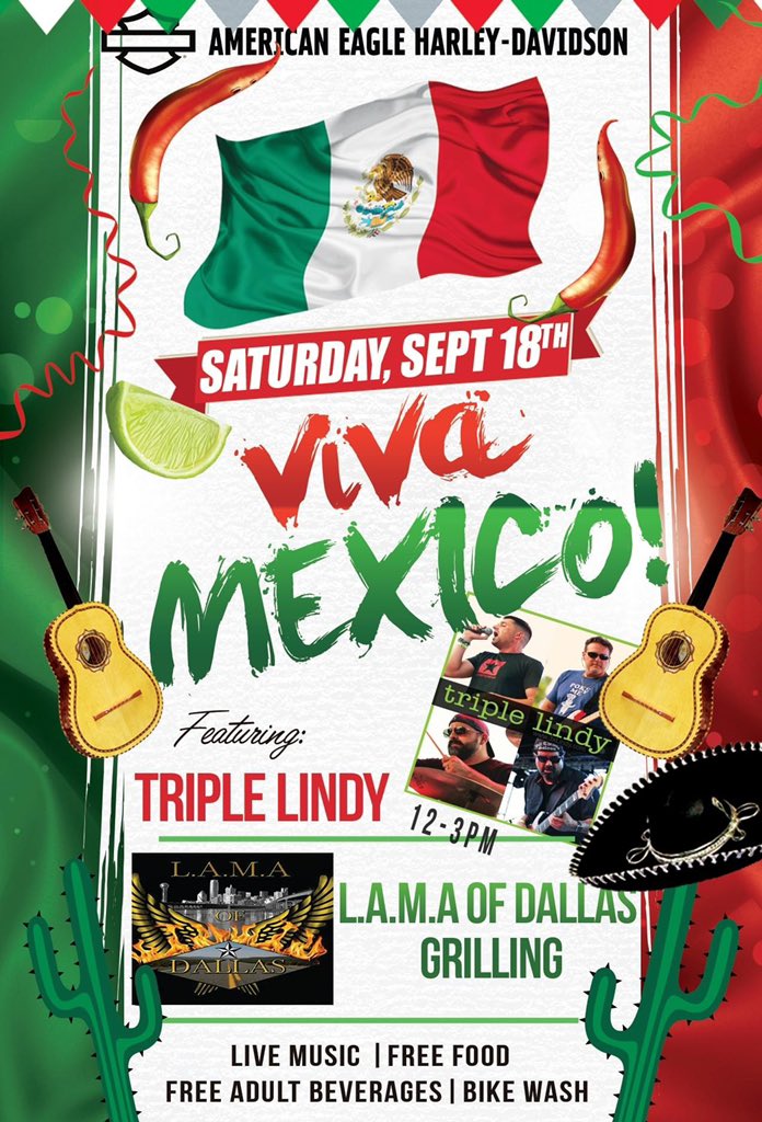 AEHD_KickAss's tweet photo. Weβre ready for the weekend, are you?? triple Lindy, LAMA Dallas, free beer, margaritas & tacos too!! Party starts @ noon!! #aeharley #livemusic #partyeverysaturday #LAMADallas #freemargaritas #freebeer #HOGS4PAWS #MexicanIndependenceDay https://t.co/oDBiid8pYx