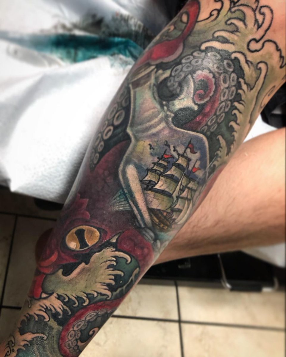 Christina worked on this kraken and ship In the bottle lower leg sleeve a while ago. Kraken is viewed as a sign of power and fear. #krakentattoo #colortattoo #guyswithtattoos #utahtattoo #inkedmag #tattoolife #utahtattooartist #prophetsandpoets #skindeep