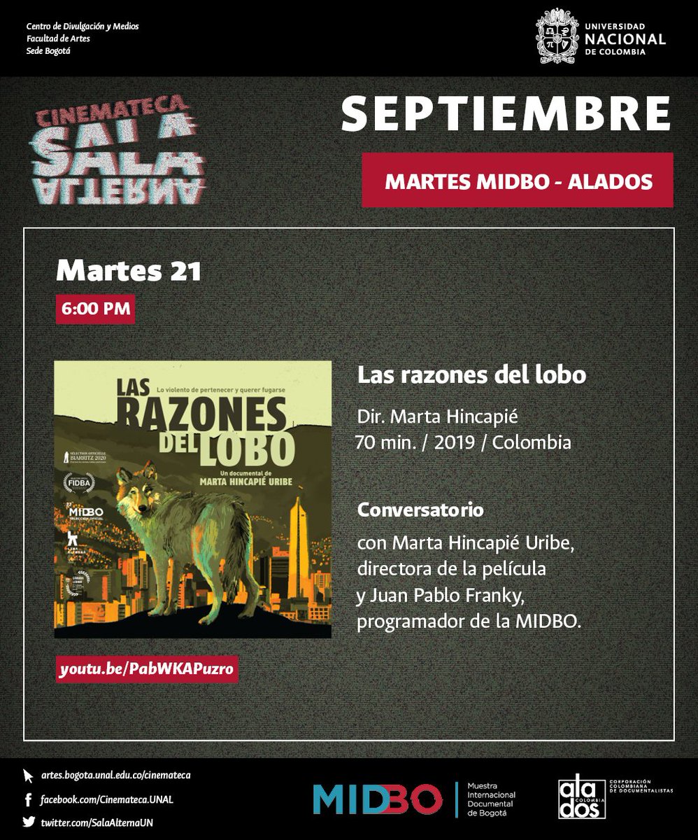SalaAlternaUN's tweet photo. 📽¡PRÓXIMO MARTES!La Cinemateca de la @Facultad_Artes —en alianza con la @midbo_doc— propone una nueva sesión de «Martes MIDBO-Alados» con la mirada fija en el cine nacional y sus posibilidades de participación crítica y política¡Te esperamos! https://t.co/1PXWhLsQw0
#SomosUNAL https://t.co/IE7TJMZMPk