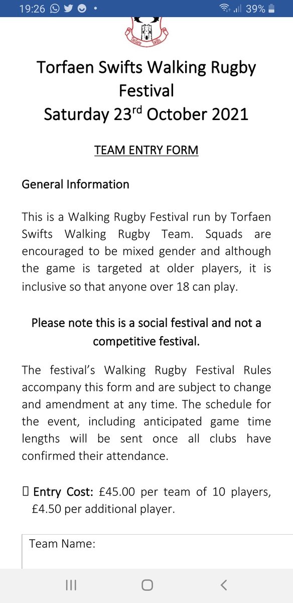 Entry forms available for our Walking Rugby festival- sign up today #Swifts