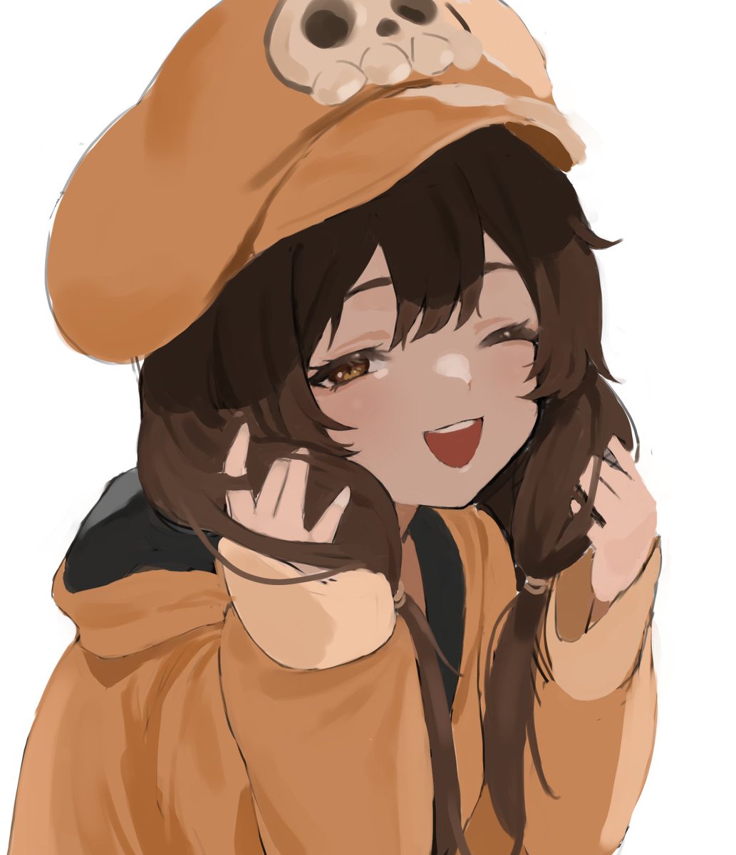 may (guilty gear) 1girl one eye closed solo brown hair hat white background smile  illustration images