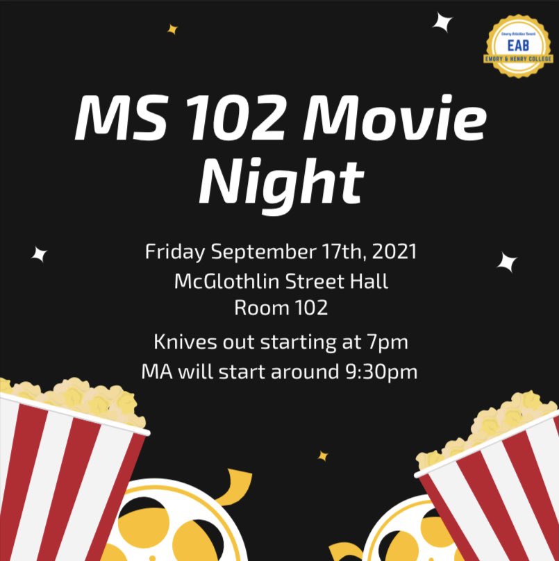 EmoryActivities's tweet image. POP on out to MS 102 tonight for a movie night and some popcorn! Knives out starts around 7pm!!