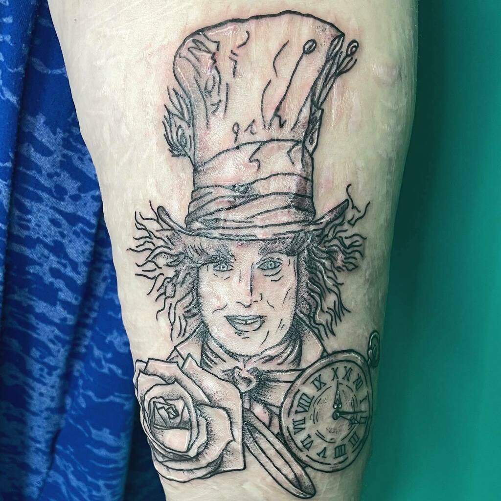 Mad Hatter tattoo for the lovely Louise today. Thank you for coming in! . .  . . #scartissuetattoocoverup #madhattertattoo #johnydepp #blackworktattoo  #finelinetattoo #linework #aliceinwonderland #femaletattooartist  #blackandgreytattoo ..., image size:1024x1024