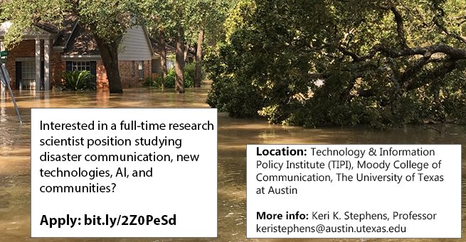 (please RT) @TexasTIPI @UTexasMoody is looking to hire a #ResearchScientist for several funded projects on #disaster #communication #AI #technology Begins Oct. 2021. More Info bit.ly/3kjoDYT  #AcademicTwitter #orgcomm