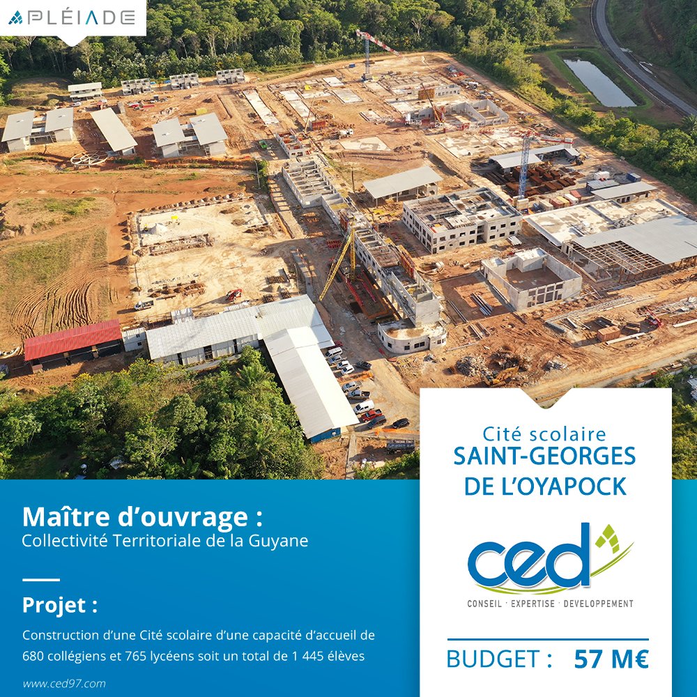 GroupePLEIADE's tweet photo. Construction d’une cité scolaire d’une capacité d’accueil de 680 collégiens et 765 lycéens soit un total de 1 445 élèves sur la commune de Saint-Georges de l’Oyapock. 

MO : CTG
Budget Travaux : 57 M€
Entreprise : CED GUYANE https://t.co/u8gN6qd3Ha