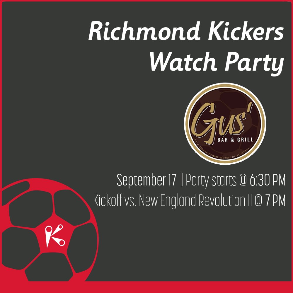 RichmondKickers's tweet photo. UP THE ROOOOOOOOOOOOOOS!

🆚 @NERevolution2
🏟 Gillette Stadium

⏰ Watch party starts at 6:30 PM! Kickoff at 7:00 PM!
🍻 Gus' Bar and Grill

📺 ESPN+, @CBS6.3
🇪🇸📻 Ultra Radio Richmond 94.1FM/1540AM

#UpTheRoos 🦘 | #NEvRIC https://t.co/qKS1b1LSMZ
