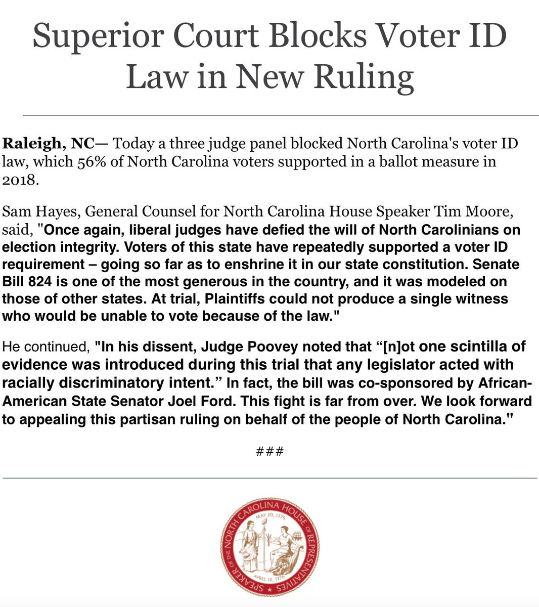 RepTimMooreNC's tweet photo. Superior Court Blocks Voter ID Law in New Ruling https://t.co/rntAqVbQQR #ncpol #ncga #voterid #voterintegrity #nccourts https://t.co/oHUgqZ1FwC