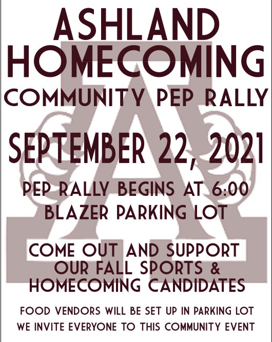 Join us for a Pep Rally. We will be recognizing all fall sports and our homecoming court candidates.Come enjoy dinner and the Ashland Ladycats Soccer team will be taking on Russell at 7:00! It will be a fun event for everyone!
Brothers All-American BBQ(hibachi)
Fat Boy Q
Kona Ice