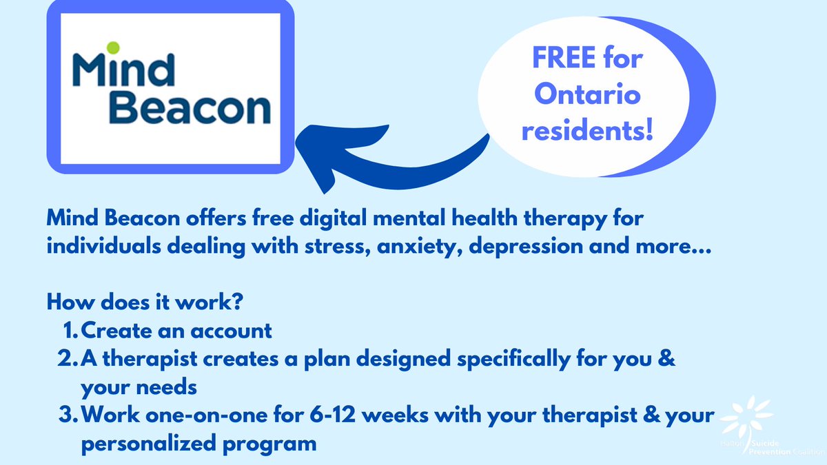 HaltonSPC's tweet photo. Mind Beacon offers free digital therapy to Ontario residents 16 years and up. Please visit https://t.co/qAEgxBBqvh for more information #mindbeacon #digitaltherapy #mentalhealthsupport #mentalhealthawareness #HSPC https://t.co/nPofwfySJo