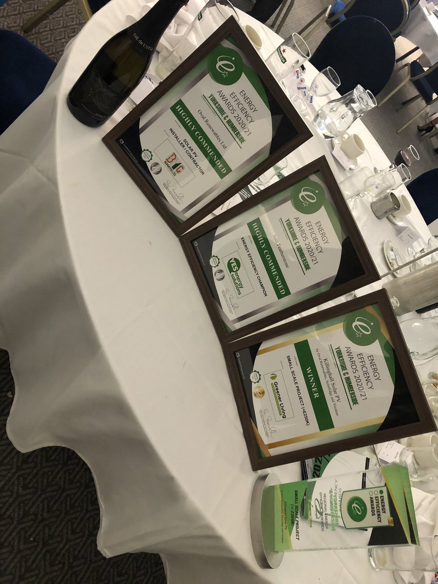 Over the moon that #teamoval picked up three awards at this years Yorkshire and Humber @EEAWARDS2020. 
🎉 
✅Winners of the small scale project of the year 
✅Highly commended solar PV installer 
✅ Highly commended energy efficiency champion
⚡️
#renewables #eea #solarpv