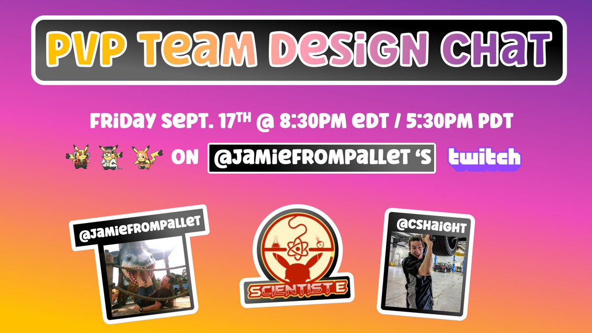 Join @CSHaight1102 <a href="/its_scientiste/">ScientistE</a> and I today @ 8:30 pm edt / 5:30pm pdt for a chat about team design strategies in #PokemonGO #pvp #GOBattleLeague — join here when the time comes: twitch.tv/jamiefrompallet 🔥🎉