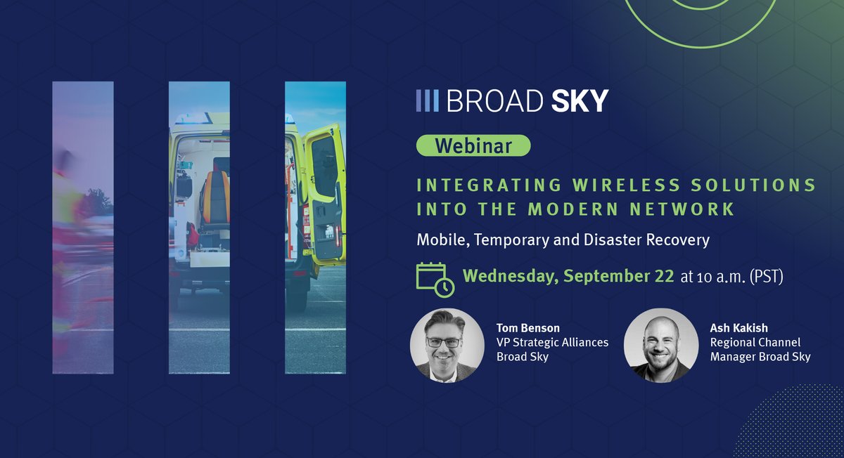 BroadSkyNetwork's tweet photo. Join us for part 2 of our Partner Webinar series on Integrating Wireless in the Modern Network. This month Tom Benson and Ash Kakish will feature three top-selling solutions Broadsky: Connectivity for Mobile, Temporary, and Disaster Recovery

https://t.co/PSIcwQ6H6b https://t.co/ctJe9bLLFn
