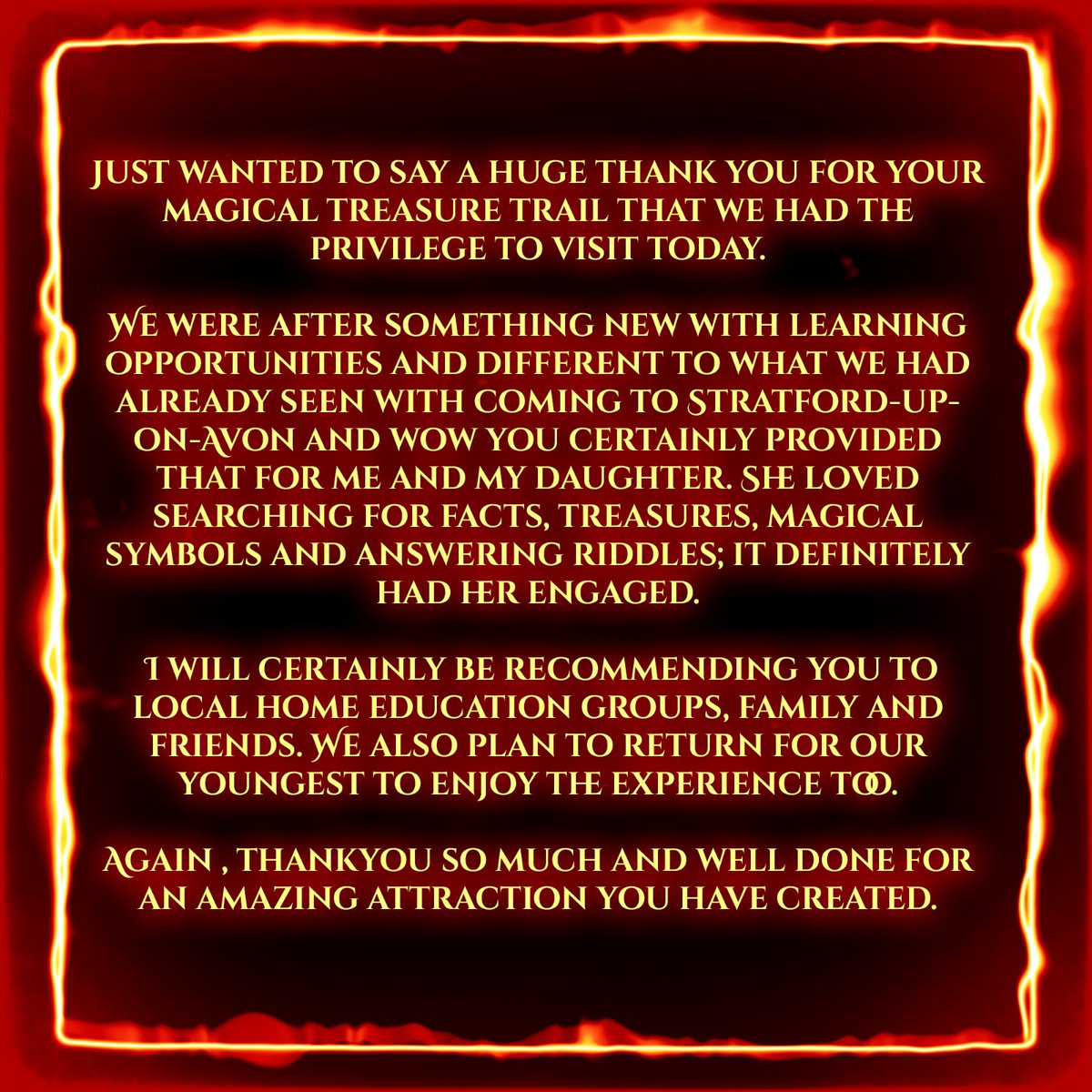 A huge thank you to Emma who took the time to message us with her thoughts on The Enchanted Treasure Trail which ends this weekend.
#stratforrduponavon #bellcourtlife #magicalley #enchantedtreasuretrail #warwickshire

magicalleystratford.com/events