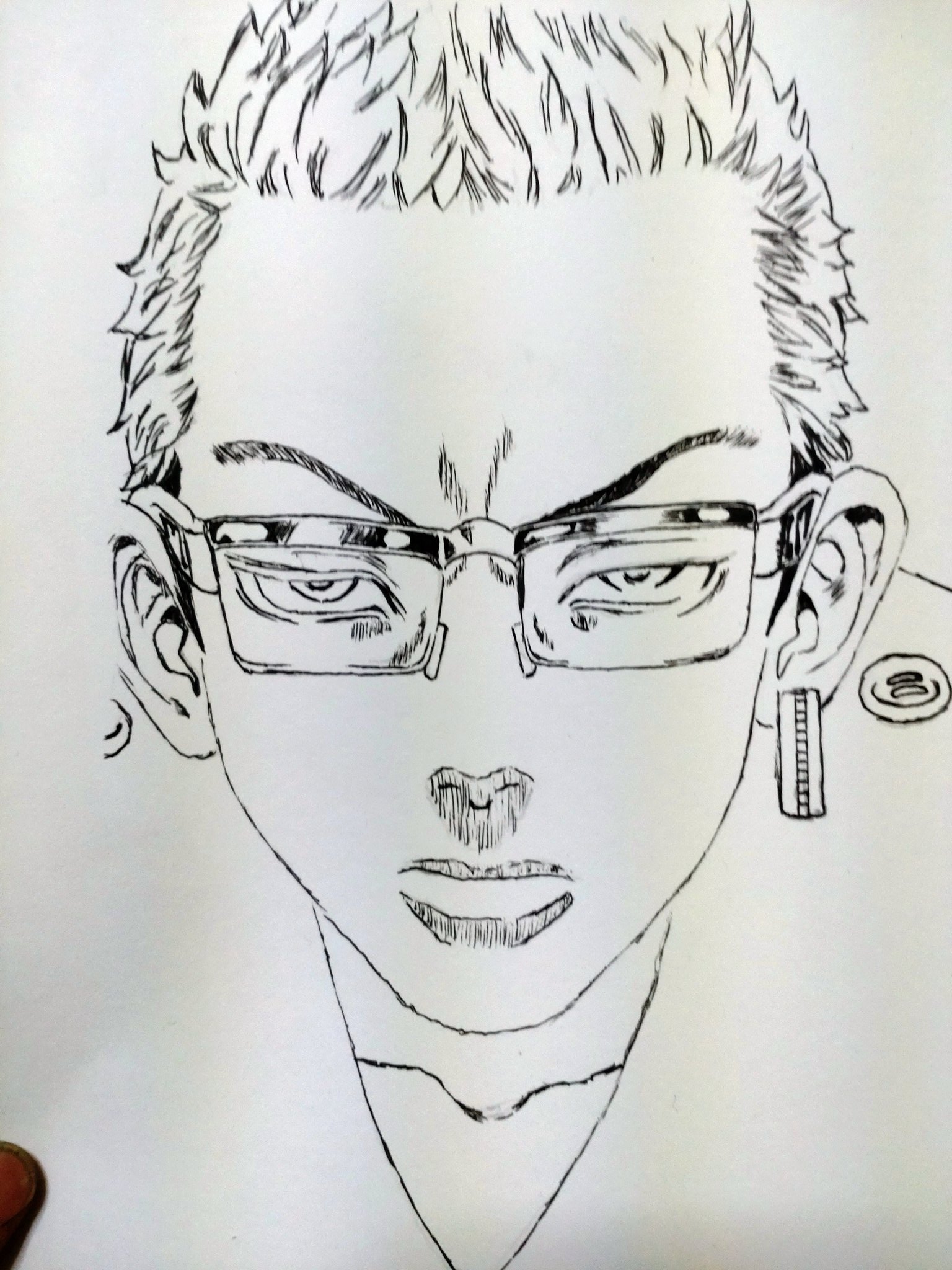 ひろあきさん 稀咲鉄太 イラスト イラスト好きさんと繋がりたい 東京卍會 東京リベンジャーズ 鉄太 手描き アナログ 写し絵 完成 1枚目鉛筆で下描き 2枚目ある程度ボールペンでなぞり書き 3枚目縁取りして完成 東京卍會にまた1人追加できた