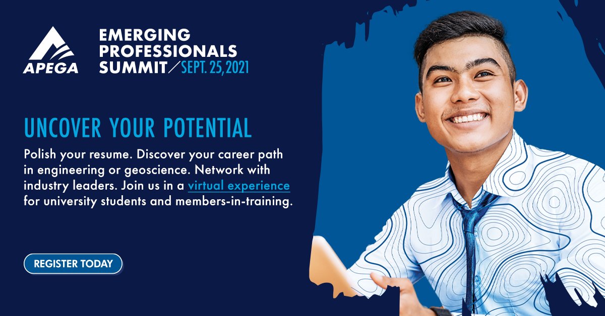 APEGA_AB's tweet photo. Hear from industry leaders on how to develop skills to be a successful professional engineer or geoscientist at this year’s virtual Emerging Professionals Summit on Sept. 25! 
#APEGAeducates #EmergingPros https://t.co/Y8gWNyim3y https://t.co/3Zx0NSNDIb