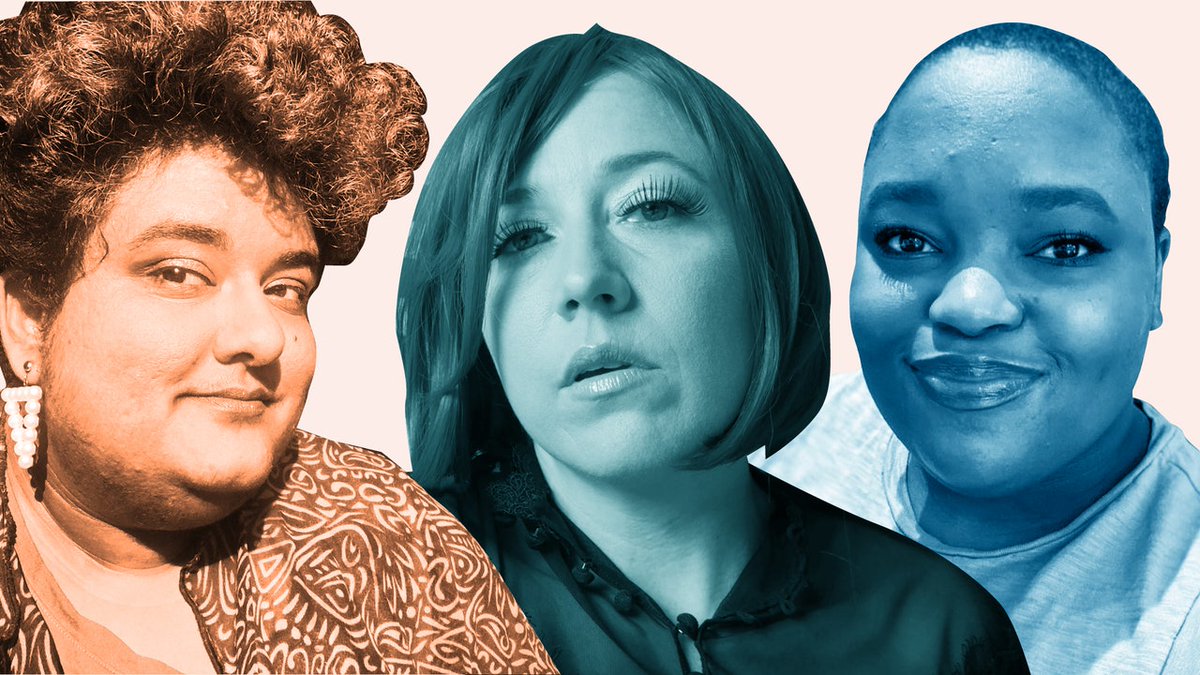 [ID: images of 3 different people pictured from the shoulders up. Images are tinted various yellow, green, and blue.]