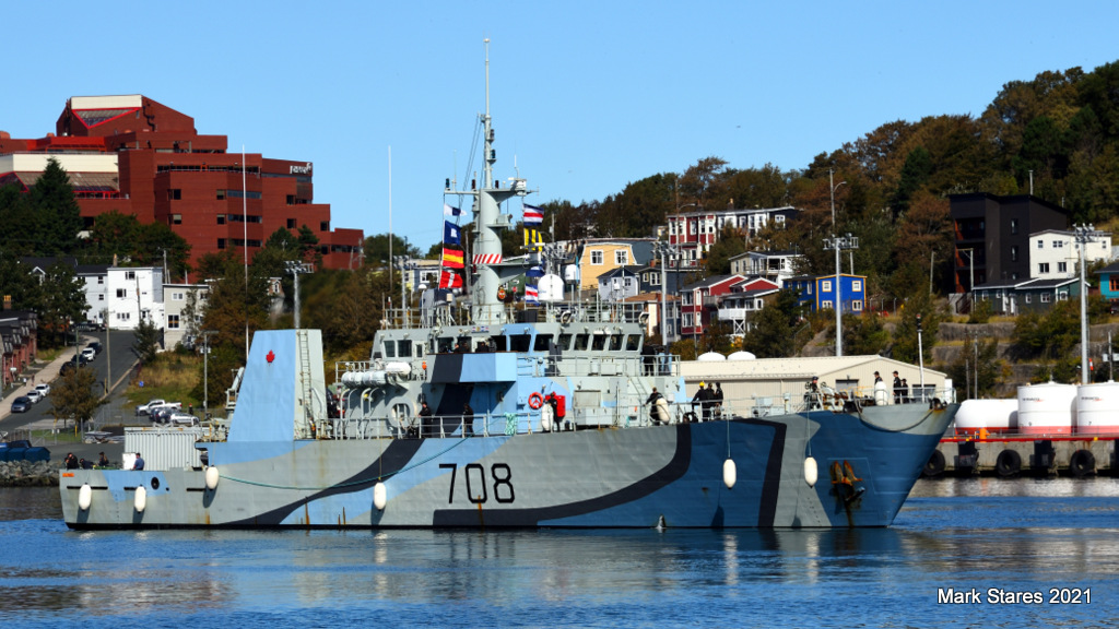 The Royal Canadian Navy Coastal Defence Vessel HMCS Moncton MM708,  arriving in St. John's. #CUTLASSFURY21
