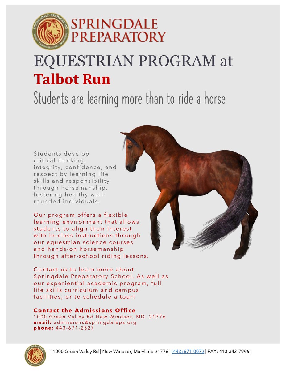 Springdale Preparatory is excited to announce it's Equestrian Program in partnership with Talbot Run Equestrian Center! Visit springdaleps.org/admissions/ to learn more or schedule a tour!