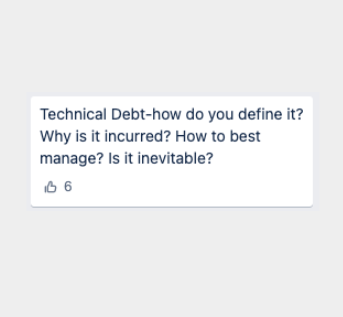 agilebalt's tweet image. One of the topics from our latest Lean Coffee meetup.
Technical Debt-how do you define it? Why is it incurred? How to best manage? Is it inevitable?