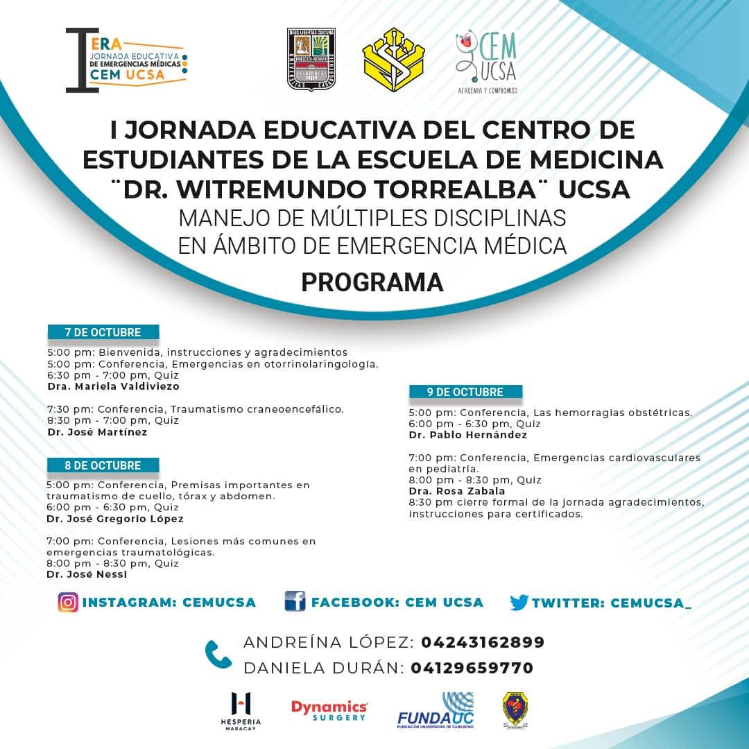 I Jornada Educativa del Centro de Estudiantes de  la Escuela de Medicina Dr. Witremundo Torrealba Universidad de Carabobo Sede Aragua 

Manejo de múltiples disciplinas en el ámbito de emergencias médicas 🩸🩺

INSCRÍBETE!