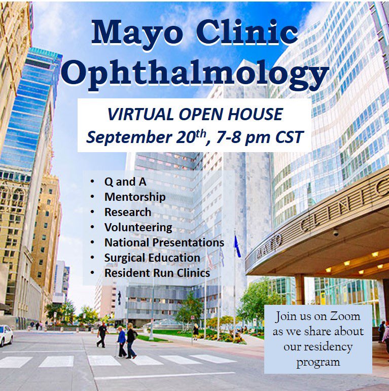 Andrea A. Tooley, MD (@drandreatooley) on Twitter photo Join us Monday Sept 20 for a virtual open house!
We are excited to share with you the surgical and clinical experience at Mayo along with life in Rochester MN! Faculty and residents will be there to answer your questions and chat #Ophthalmology
<a href="/AndrewBarkmeier/">Andrew Barkmeier MD</a> <a href="/sophieb2020/">sophie bunyan</a> Join us Monday Sept 20 for a virtual open house!
We are excited to share with you the surgical and clinical experience at Mayo along with life in Rochester MN! Faculty and residents will be there to answer your questions and chat #Ophthalmology
<a href="/AndrewBarkmeier/">Andrew Barkmeier MD</a> <a href="/sophieb2020/">sophie bunyan</a>