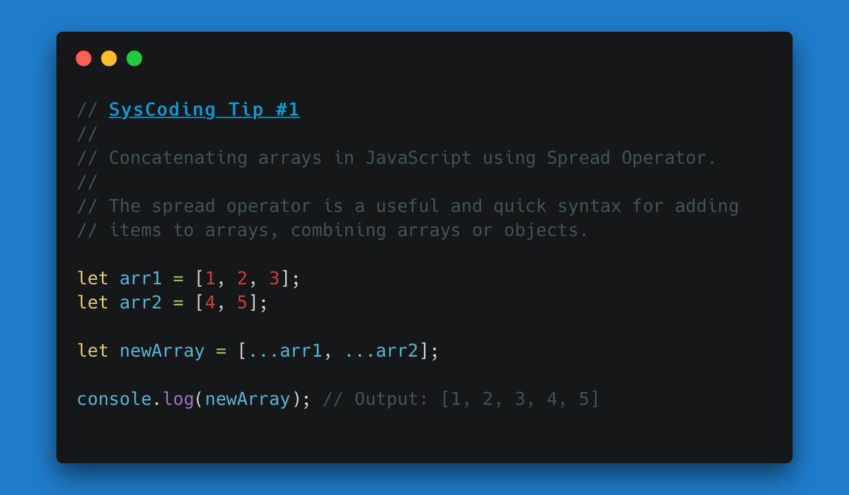 sys_coding's tweet image. It&apos;s been a while but we are back! ❤️

Concatenating arrays in JavaScript using Spread Operator.

syscoding.com/questions/33/h…