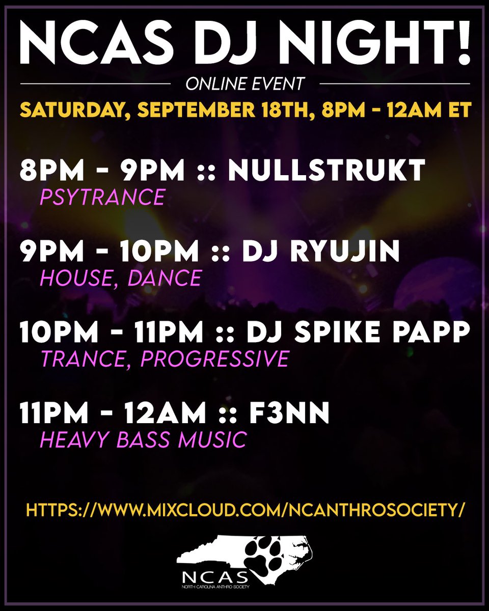 NCAnthroSociety's tweet photo. Whoβs ready to shake a tail feather tomorrow at 8pm!? #NCAS will be hosting their furry version of #urlfest on Mixcloud (no account necessary). DJs Nullstrukt, RyuJin, Spike Papp, and F3nn will be bringing the house down tomorrow night! https://t.co/vWQd1NjqaW